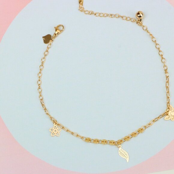 "Rose Gold Butterfly and Leaf Charm Anklet for Women, XPAL1040 - Picture 3 of 12